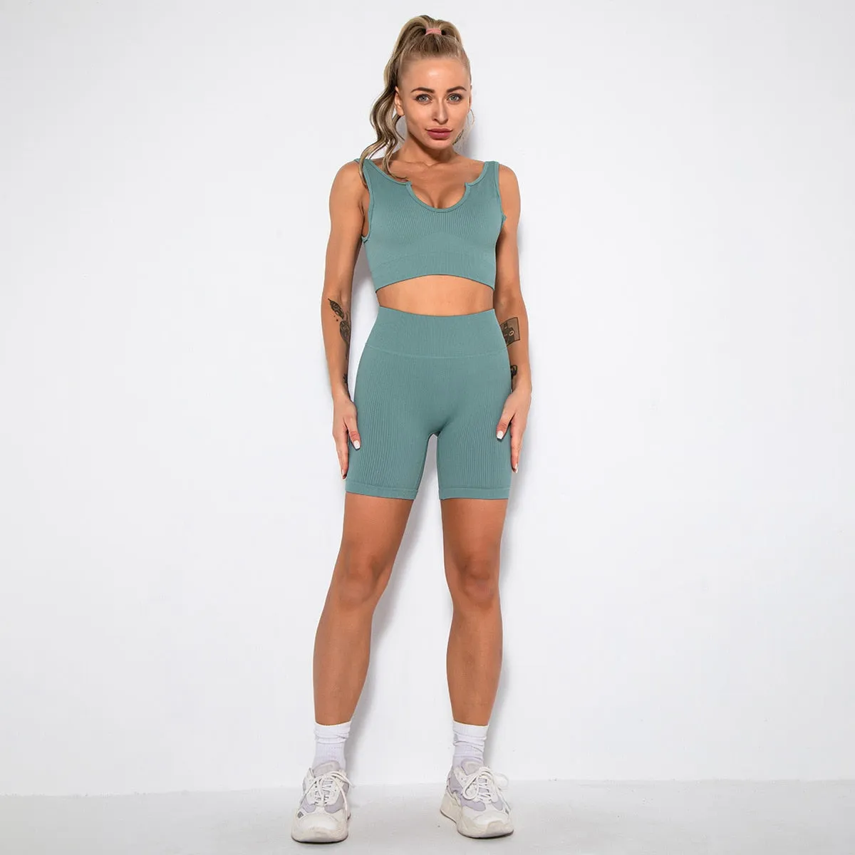 2 Piece Gym Set Women Seamless Leggings Sports Bra Workout Shorts Set Fitness Crop Top Running Outfit Suit Tracksuit Clothing