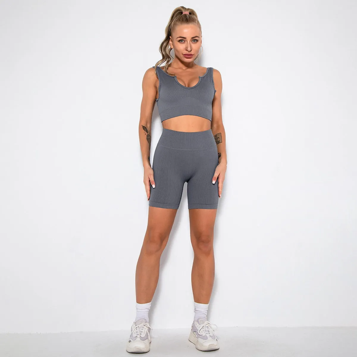 2 Piece Gym Set Women Seamless Leggings Sports Bra Workout Shorts Set Fitness Crop Top Running Outfit Suit Tracksuit Clothing