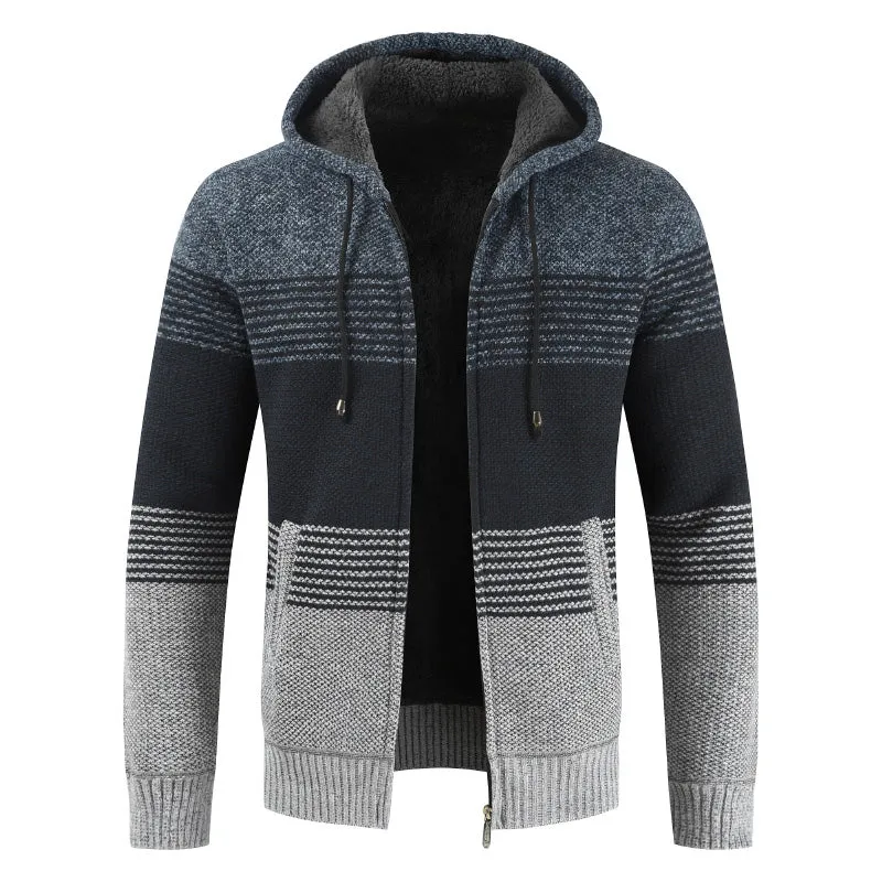 2022 Winter Sweater Coat Men Thick Warm Hooded Cardigan Jumpers Men Striped Wool Liner Zipper Fleece