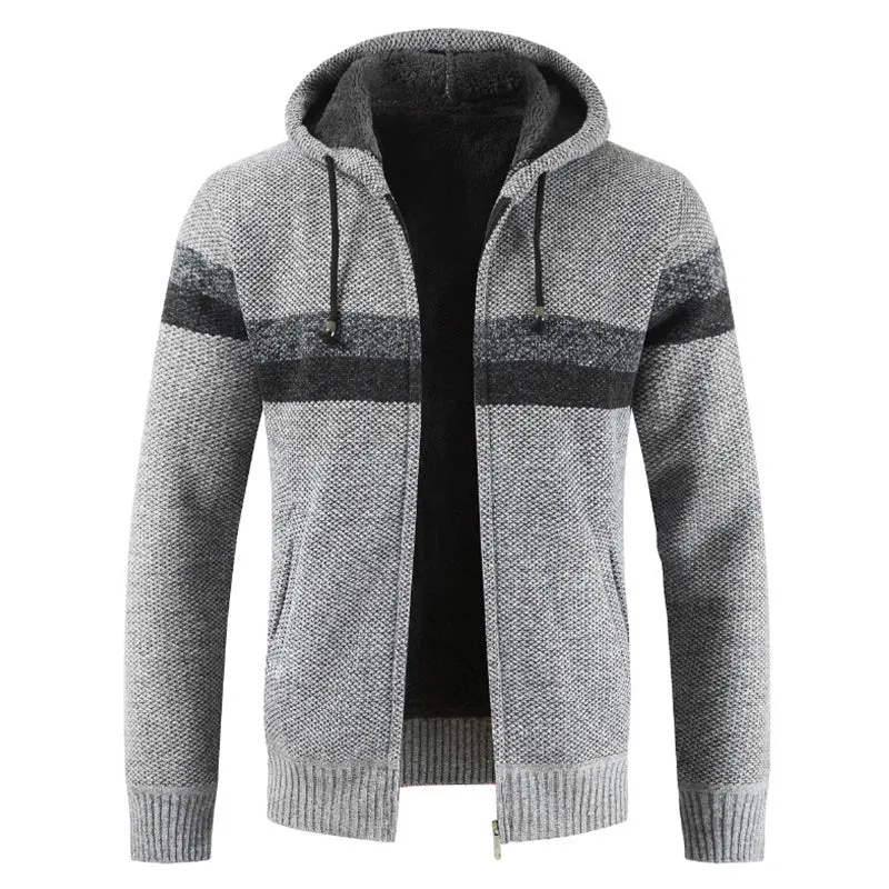 2022 Winter Sweater Coat Men Thick Warm Hooded Cardigan Jumpers Men Striped Wool Liner Zipper Fleece