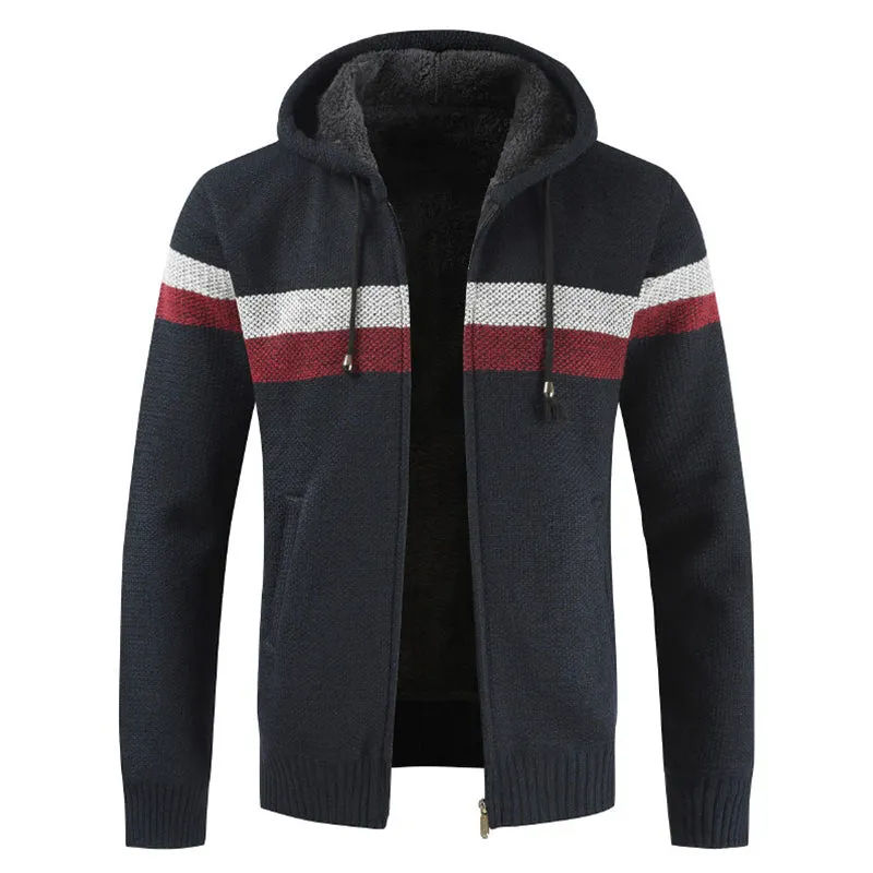 2022 Winter Sweater Coat Men Thick Warm Hooded Cardigan Jumpers Men Striped Wool Liner Zipper Fleece