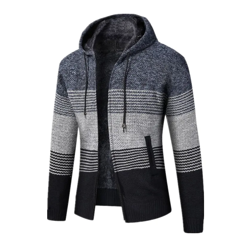 2022 Winter Sweater Coat Men Thick Warm Hooded Cardigan Jumpers Men Striped Wool Liner Zipper Fleece