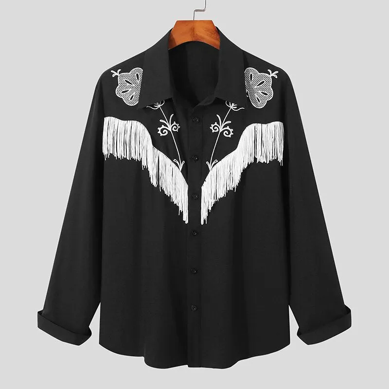 2023 Men Shirt Embroidered Tassel Patchwork Lapel Long Sleeve Fashion Camisa Streetwear Button Casual Men Clothing S-5XL