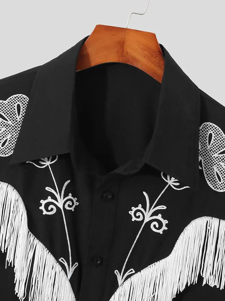 2023 Men Shirt Embroidered Tassel Patchwork Lapel Long Sleeve Fashion Camisa Streetwear Button Casual Men Clothing S-5XL