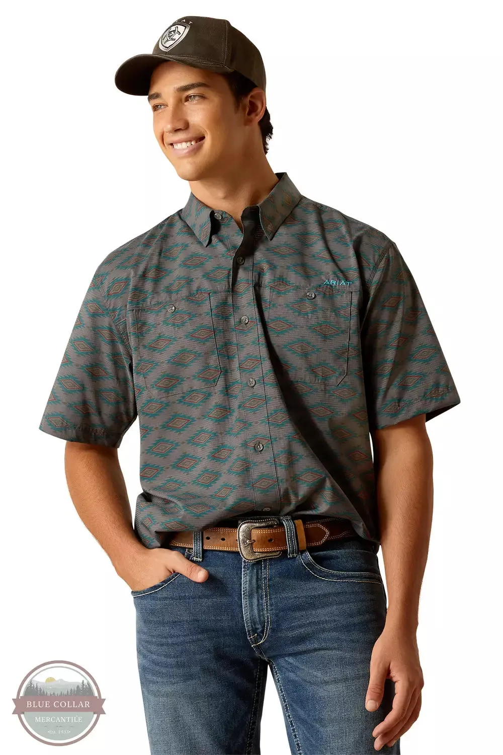 360 Airflow Classic Fit Short Sleeve Shirt in a Gray & Teal Print by Ariat 10048568