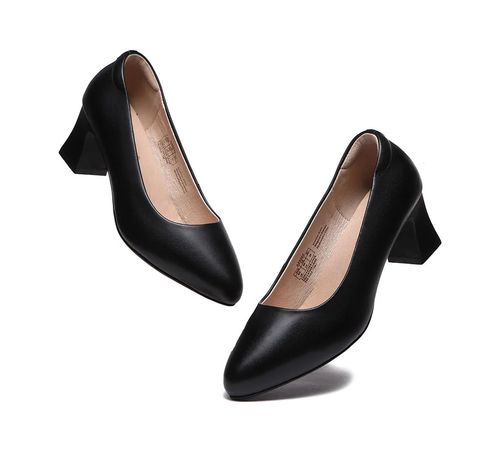 All-Black Leather Women Low Block Heels Fanny