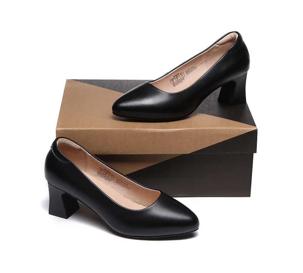 All-Black Leather Women Low Block Heels Fanny