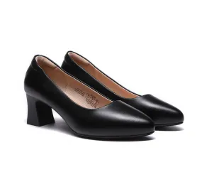 All-Black Leather Women Low Block Heels Fanny