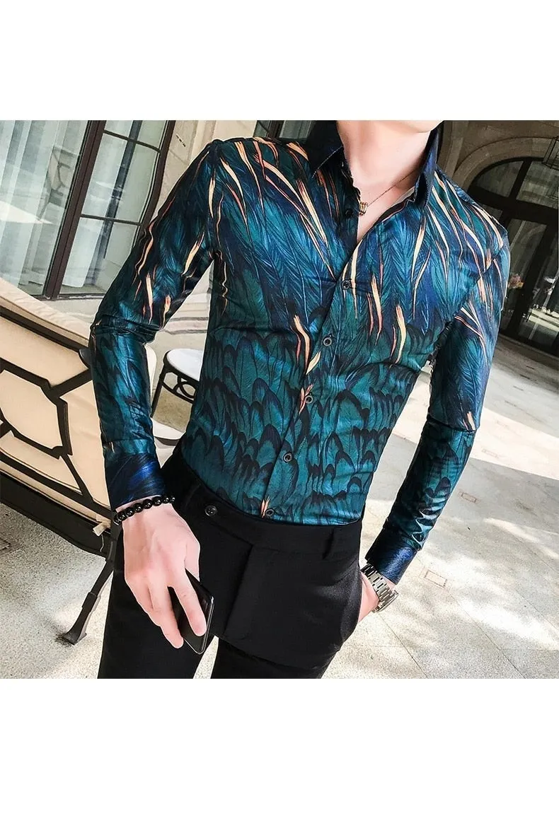 All Season Men's Casual Long Sleeve Streetwear Floral Slim Fit Daily Shirts