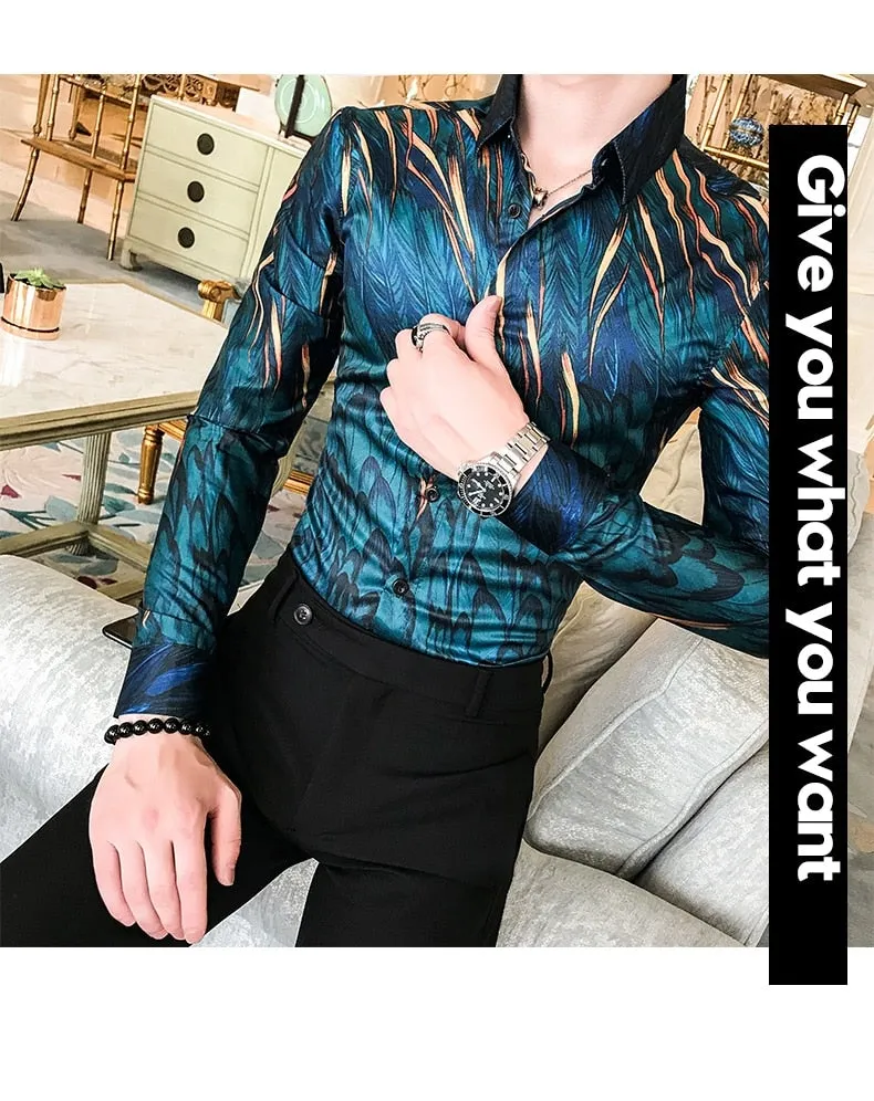 All Season Men's Casual Long Sleeve Streetwear Floral Slim Fit Daily Shirts