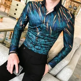 All Season Men's Casual Long Sleeve Streetwear Floral Slim Fit Daily Shirts