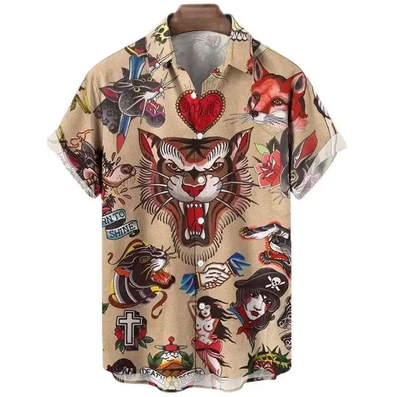 Animal Elements Print Shirts For Men 3D Tiger Graphic T Shirts Streetwear Fashion Trend Short Sleeve Men’s Single-Breasted Shirt