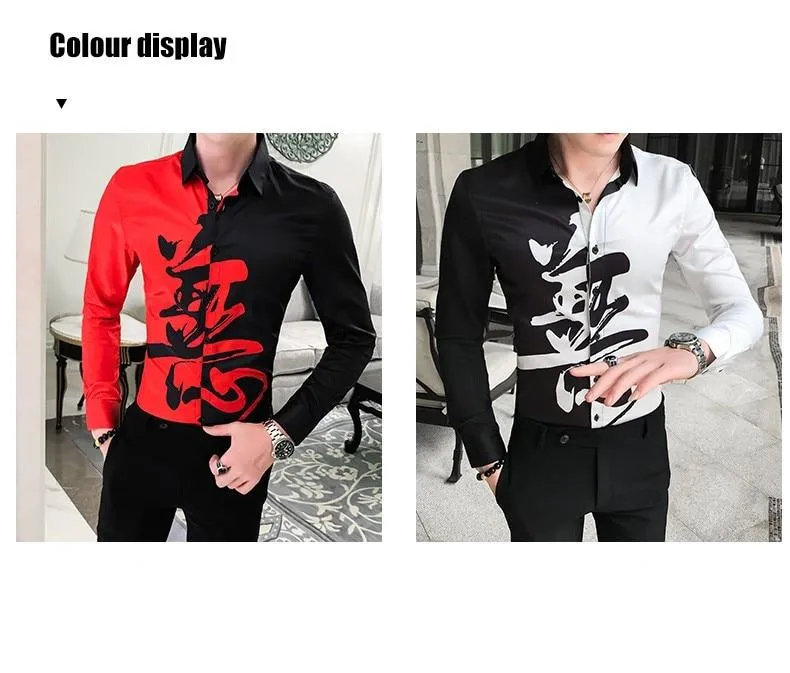 Autumn Casual Streetwear Men's Patchwork Long Sleeves Slim Fit Shirt