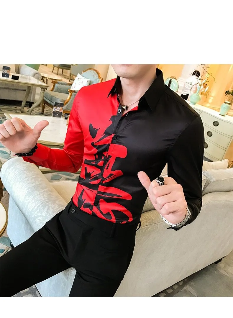 Autumn Casual Streetwear Men's Patchwork Long Sleeves Slim Fit Shirt