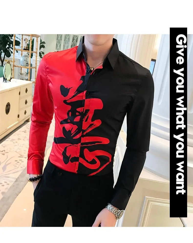 Autumn Casual Streetwear Men's Patchwork Long Sleeves Slim Fit Shirt