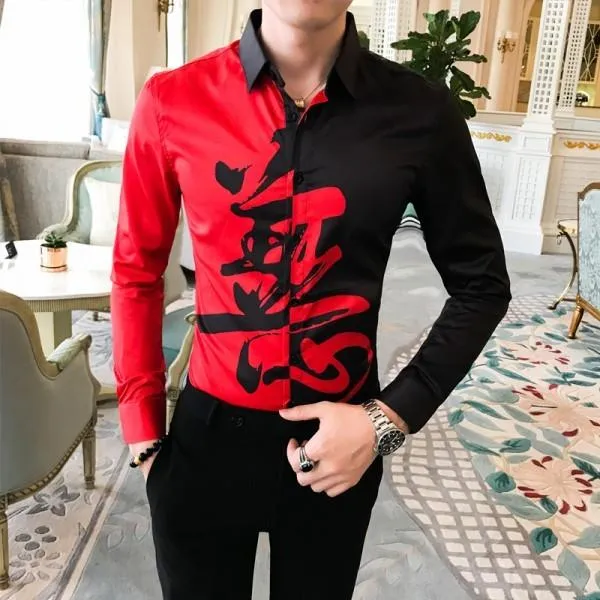 Autumn Casual Streetwear Men's Patchwork Long Sleeves Slim Fit Shirt