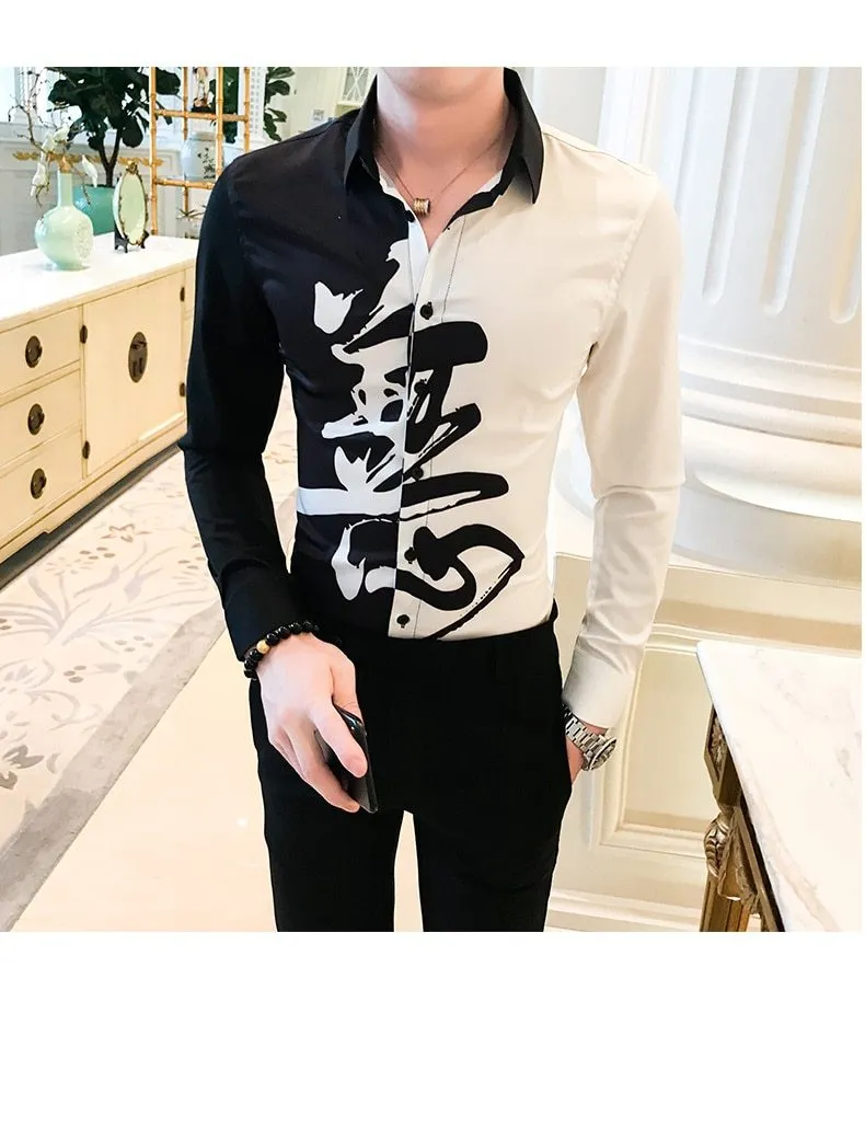 Autumn Casual Streetwear Men's Patchwork Long Sleeves Slim Fit Shirt