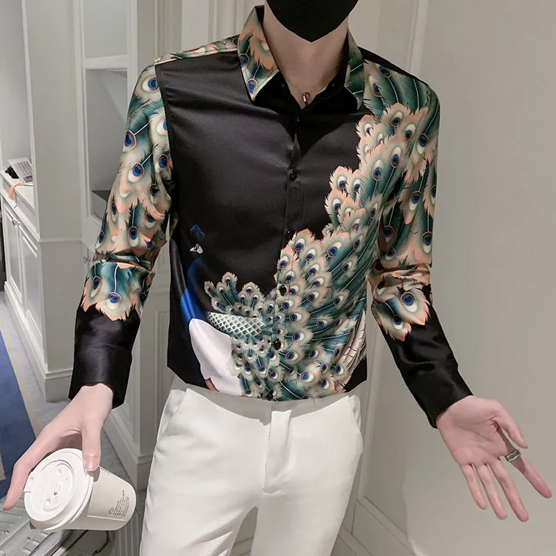 Autumn Fashion Luxury Peacock Print Long Sleeve Slim Casual Shirt for Men