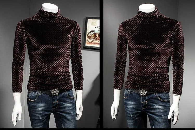 Autumn Winter Luxury Men's Plaid Turtleneck Slim-fit T-shirt Outfit for Club