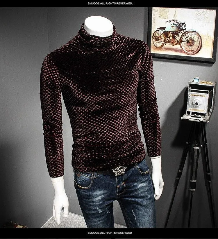 Autumn Winter Luxury Men's Plaid Turtleneck Slim-fit T-shirt Outfit for Club