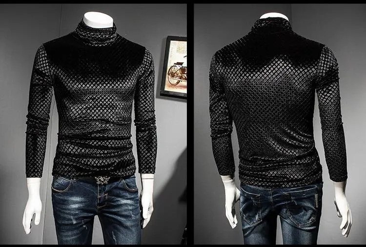 Autumn Winter Luxury Men's Plaid Turtleneck Slim-fit T-shirt Outfit for Club