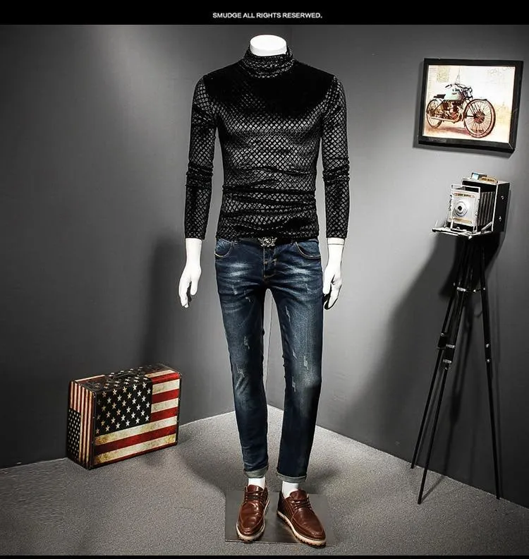 Autumn Winter Luxury Men's Plaid Turtleneck Slim-fit T-shirt Outfit for Club