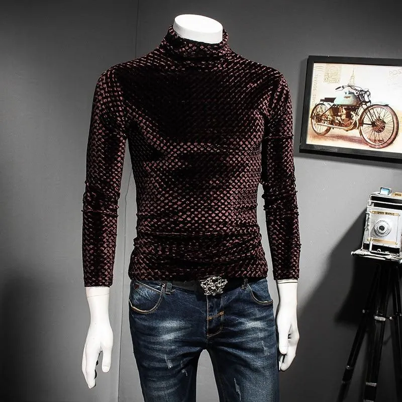 Autumn Winter Luxury Men's Plaid Turtleneck Slim-fit T-shirt Outfit for Club