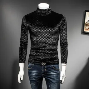 Autumn Winter Luxury Men's Plaid Turtleneck Slim-fit T-shirt Outfit for Club