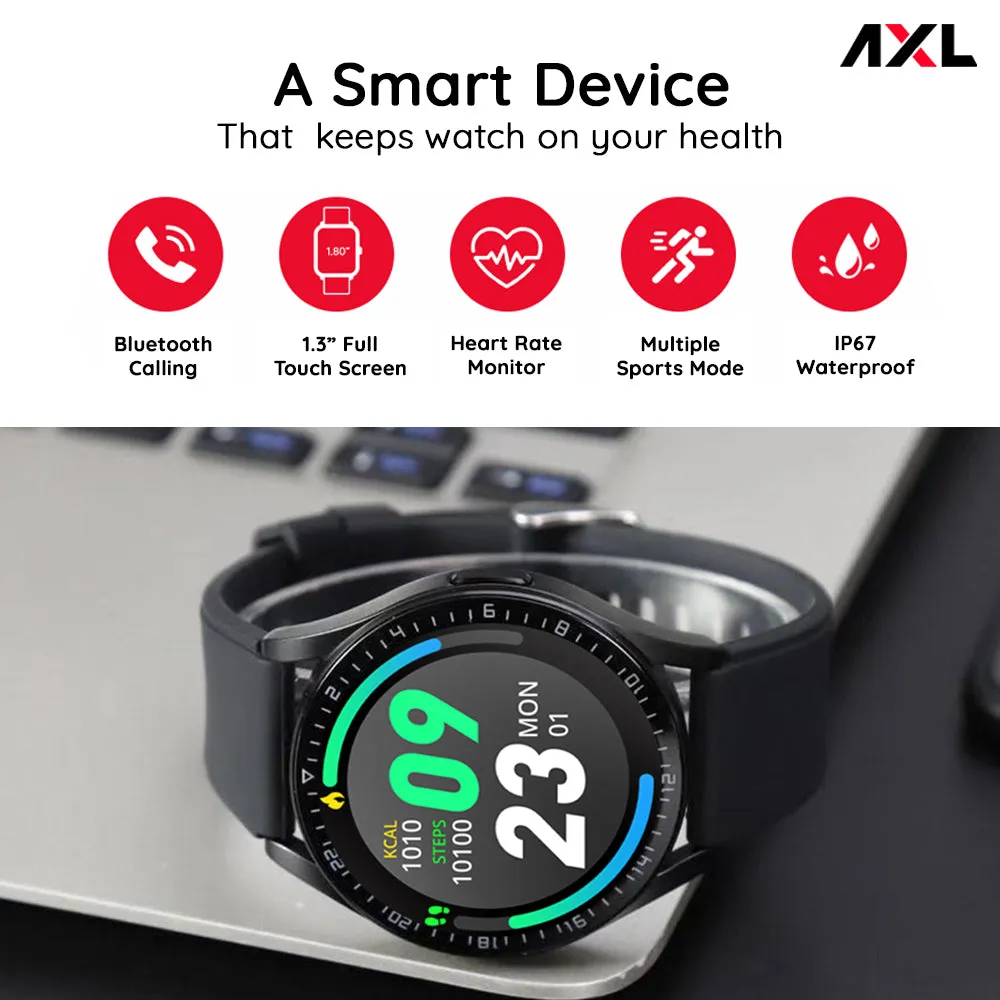 AXL Pulse LifeFit Smart Watch | Bluetooth Calling | Full Touch | Health & Multi Fitness Mode with 24/7 Heart Rate Monitor | Up to 10-15 Days Battery Life | IP67 Waterproof Black, Grey