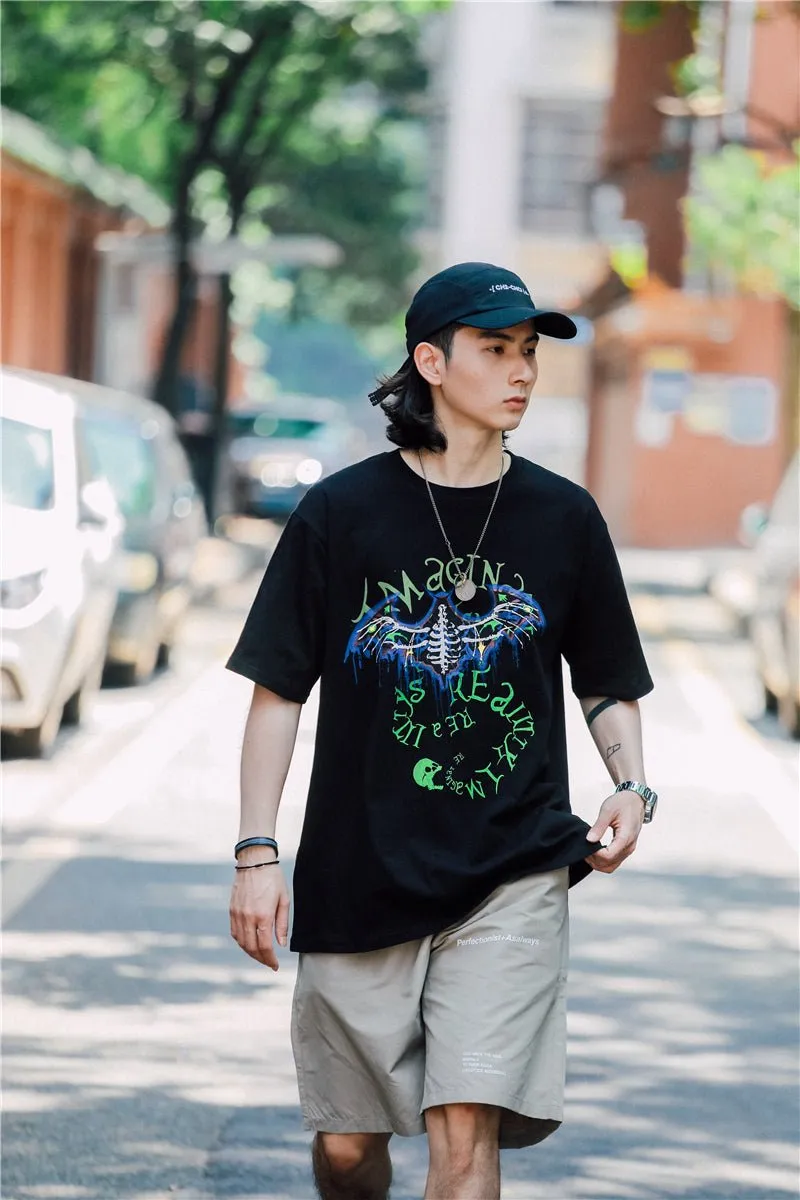 Bat Skull Print T Shirt Men Hip Hop T-Shirts Streetwear Summer Tshirt Short Sleeve Cotton Oversized Gray Tops Tees