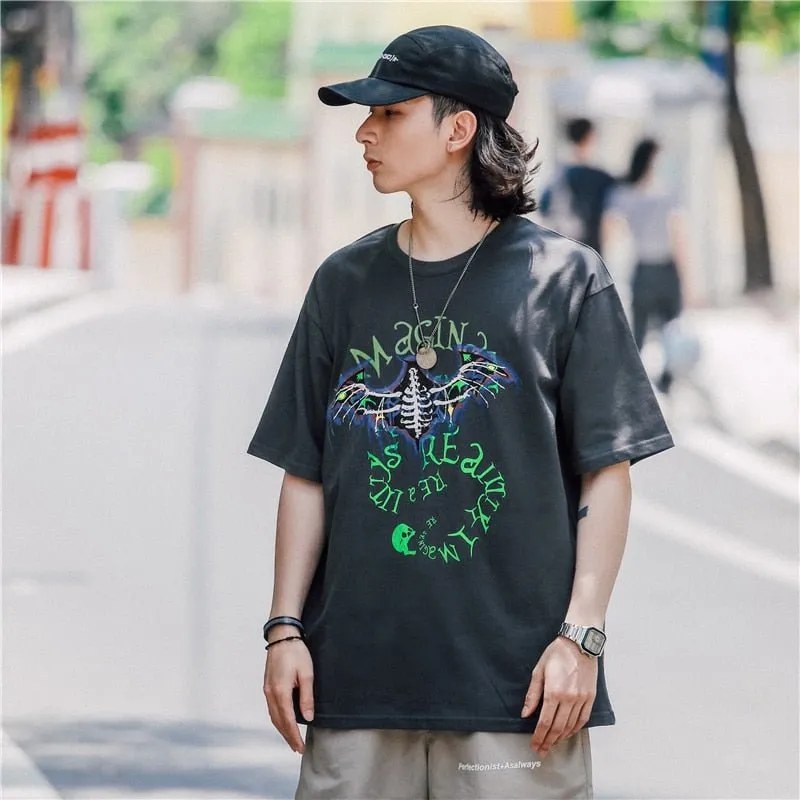 Bat Skull Print T Shirt Men Hip Hop T-Shirts Streetwear Summer Tshirt Short Sleeve Cotton Oversized Gray Tops Tees