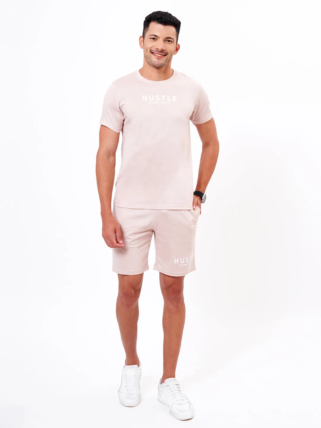 Beige Round Neck T-shirt And Shorts Co-Ord Set