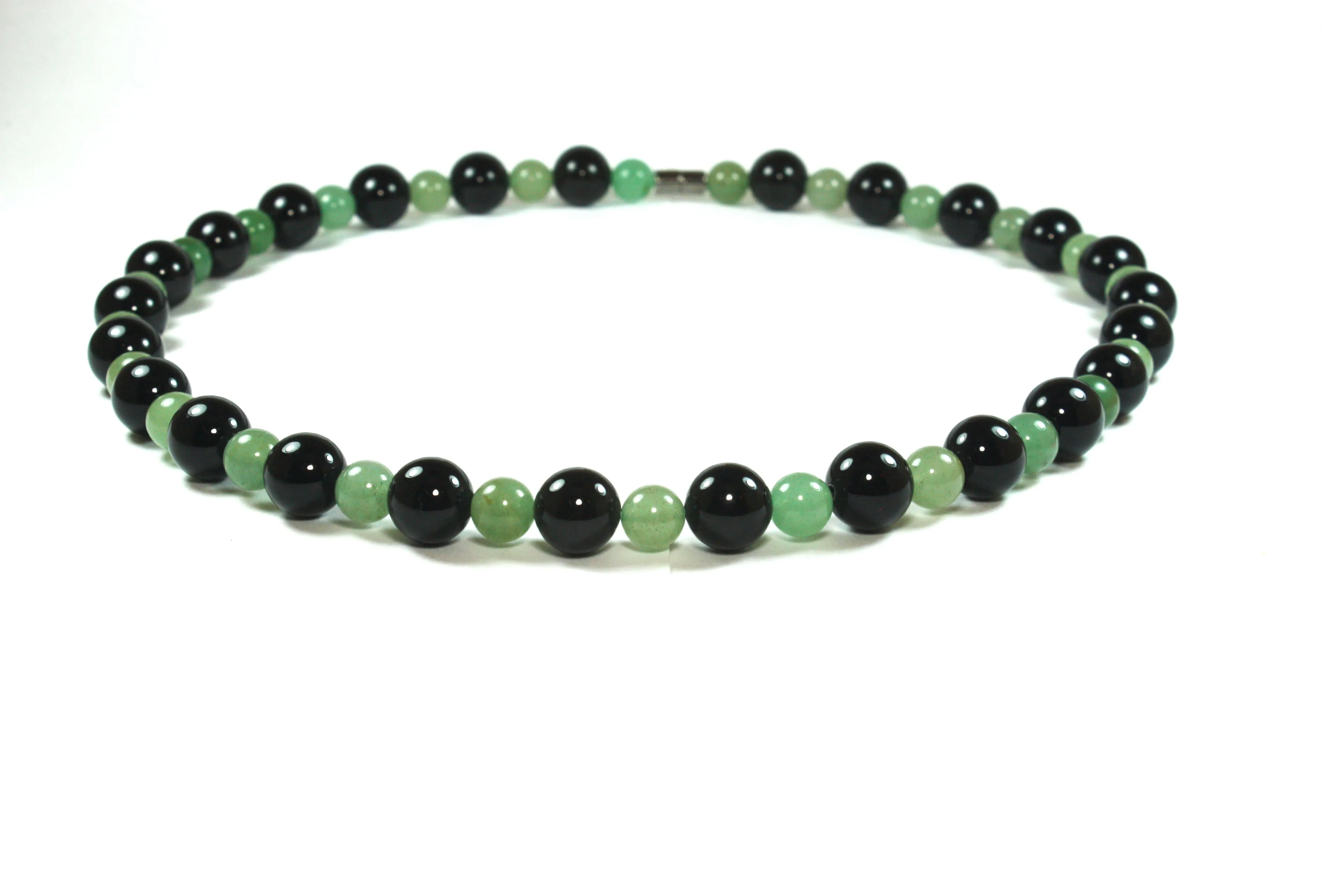 Black Onyx and Green Jade Aventurine Beaded Necklace 19 inch