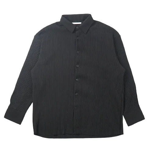 Black Pleated Casual Shirts Mens Button Front Wool Blend Tops Korean