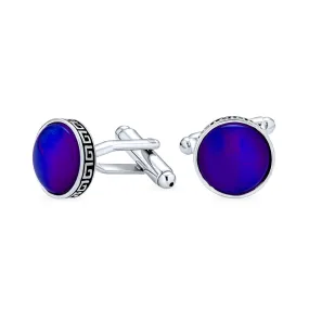 Greek Key Edge Blue Glass Round Dome Shirt Cufflinks Silver Tone Steel