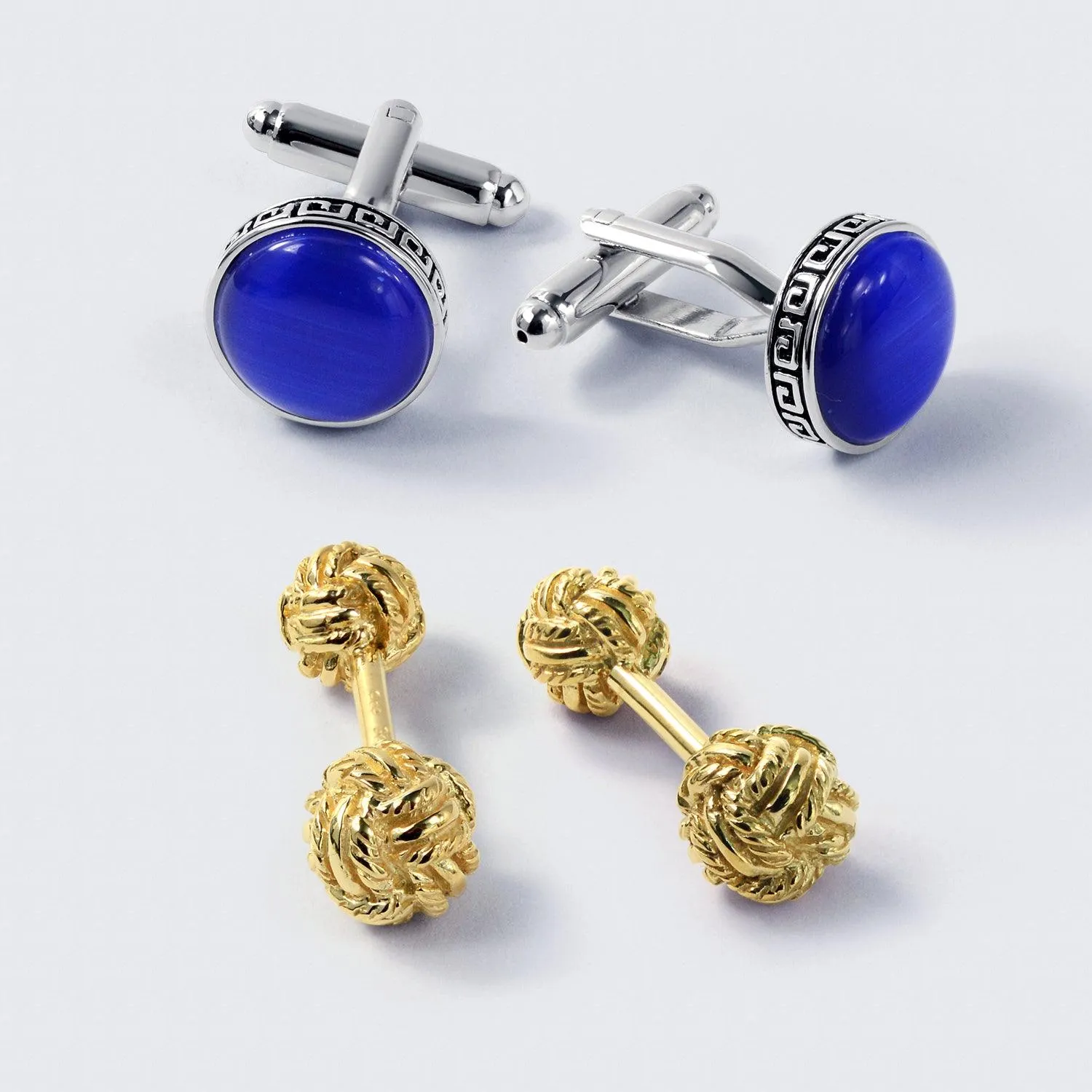 Greek Key Edge Blue Glass Round Dome Shirt Cufflinks Silver Tone Steel