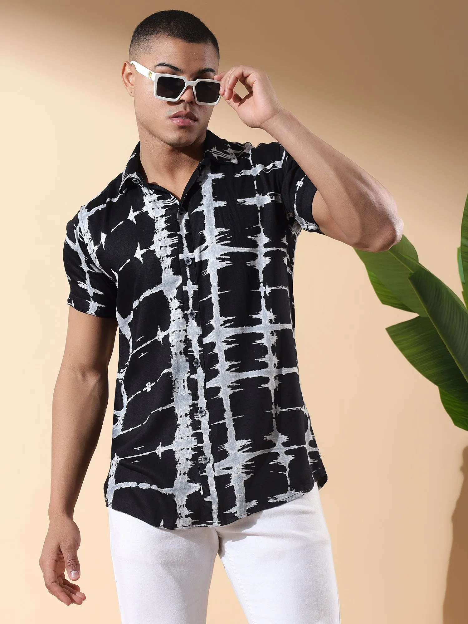 Half Casual Printed Cotton Shirt Regular Fit For Man-Black