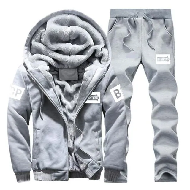 Inner Fur Mens Tracksuits Winter Casual Fleece Lined Sweatshirts Men 2 Piece Set