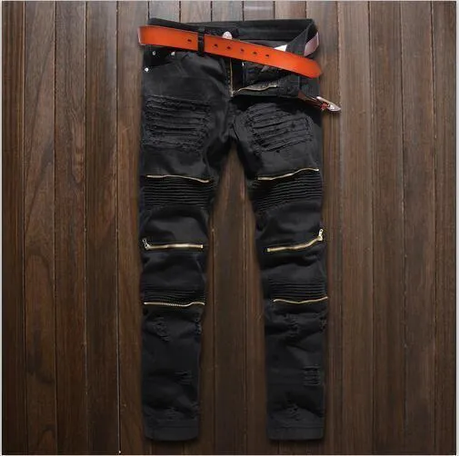 Knee zipper Hole Design Fashion skinny men Jeans