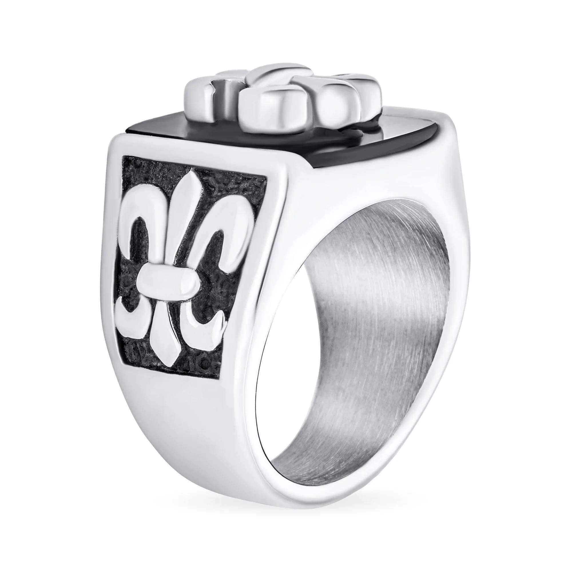 Men’s Ancient Fleur De Lis Cross Signet Ring - Stainless Steel Religious Band