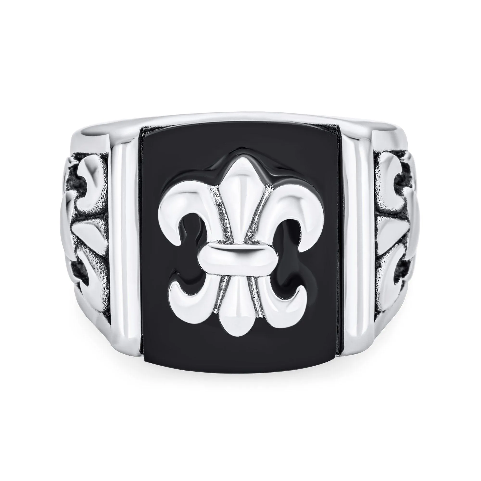 Men’s Ancient Fleur De Lis Cross Signet Ring - Stainless Steel Religious Band