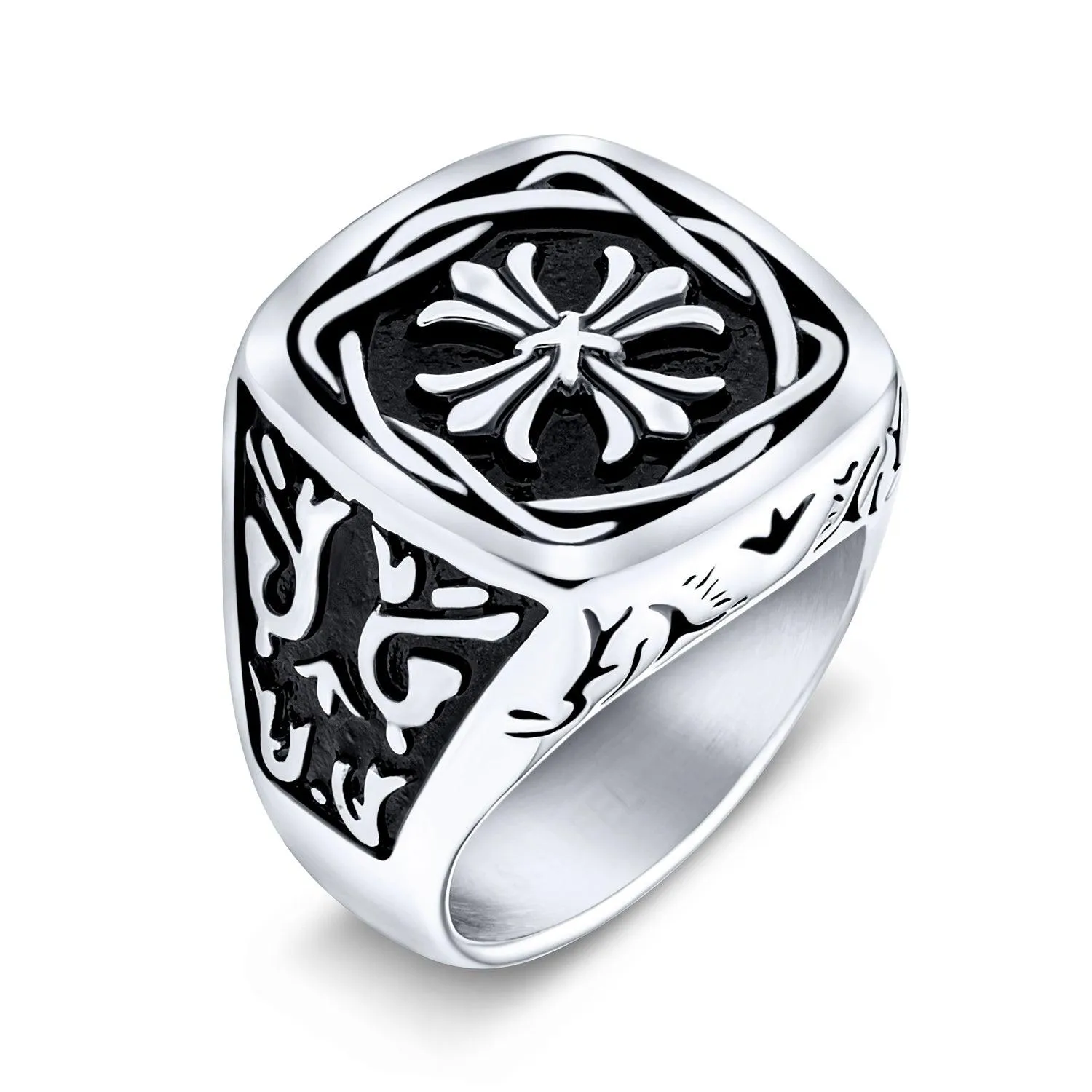 Men’s Ancient Fleur De Lis Cross Signet Ring - Stainless Steel Religious Band