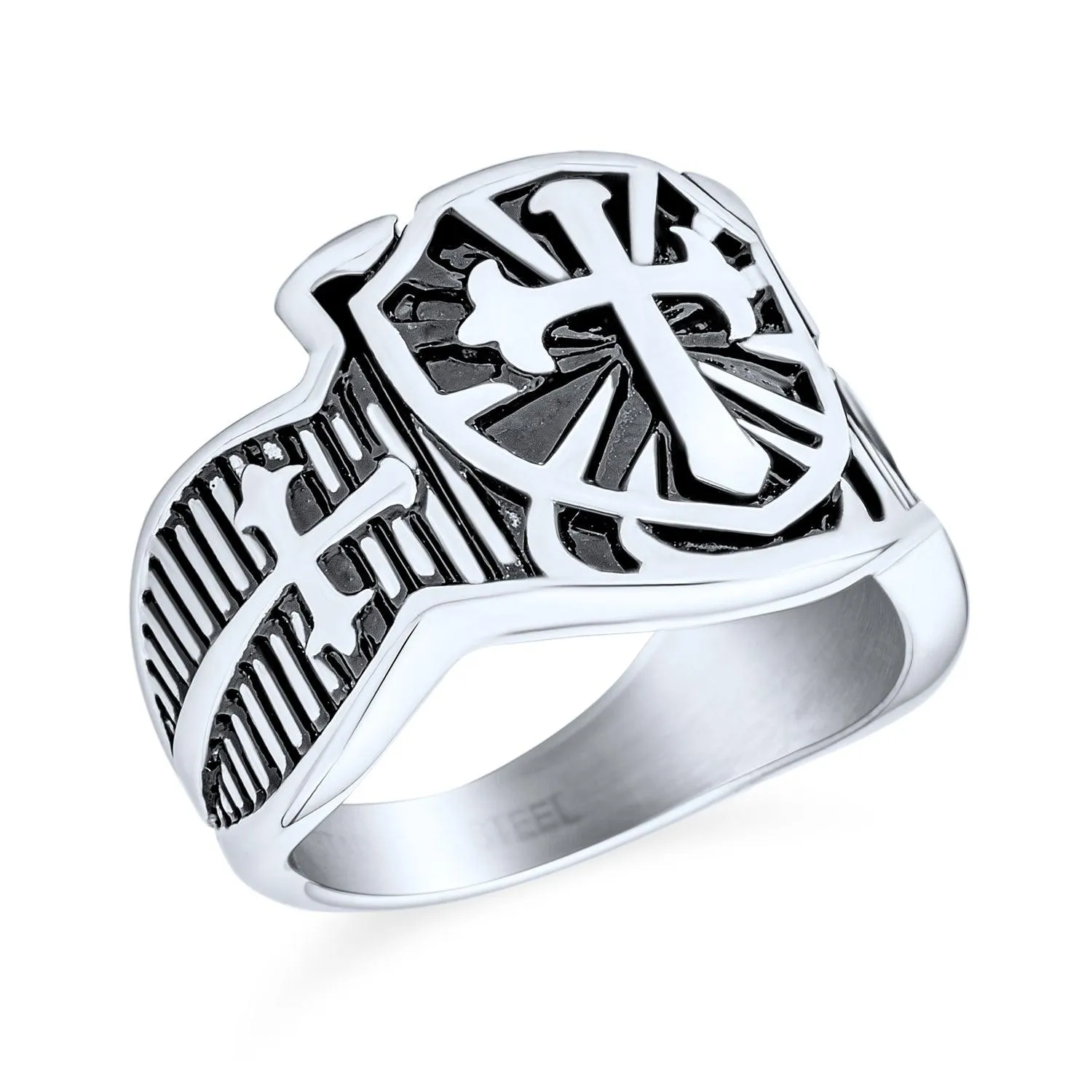 Men’s Ancient Fleur De Lis Cross Signet Ring - Stainless Steel Religious Band