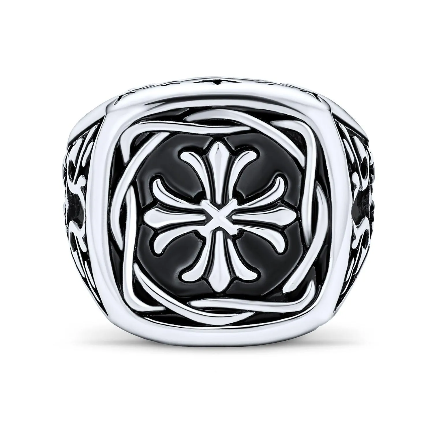 Men’s Ancient Fleur De Lis Cross Signet Ring - Stainless Steel Religious Band