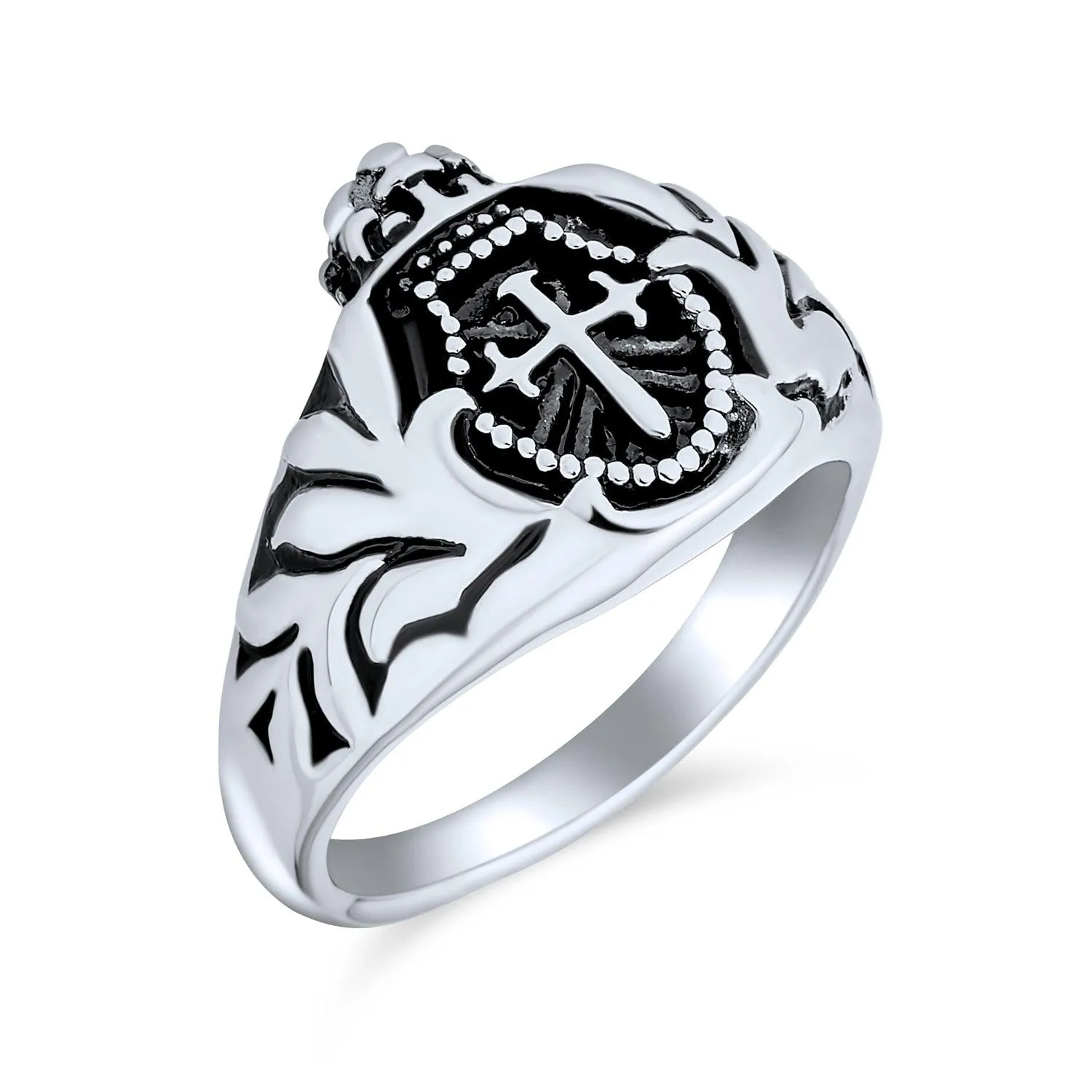 Men’s Ancient Fleur De Lis Cross Signet Ring - Stainless Steel Religious Band