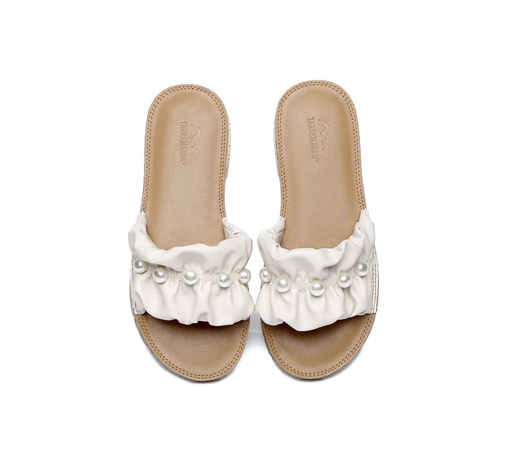 Leather Flat Slides With Pearls Women Linita