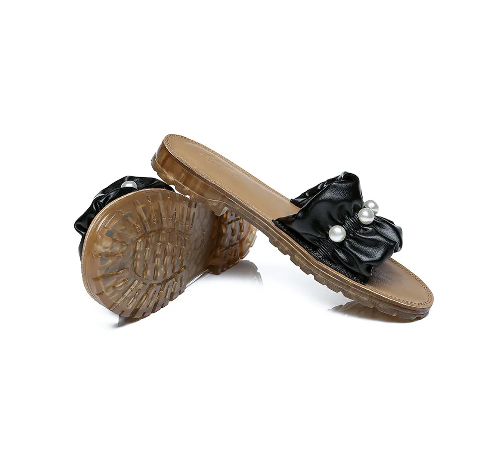 Leather Flat Slides With Pearls Women Linita