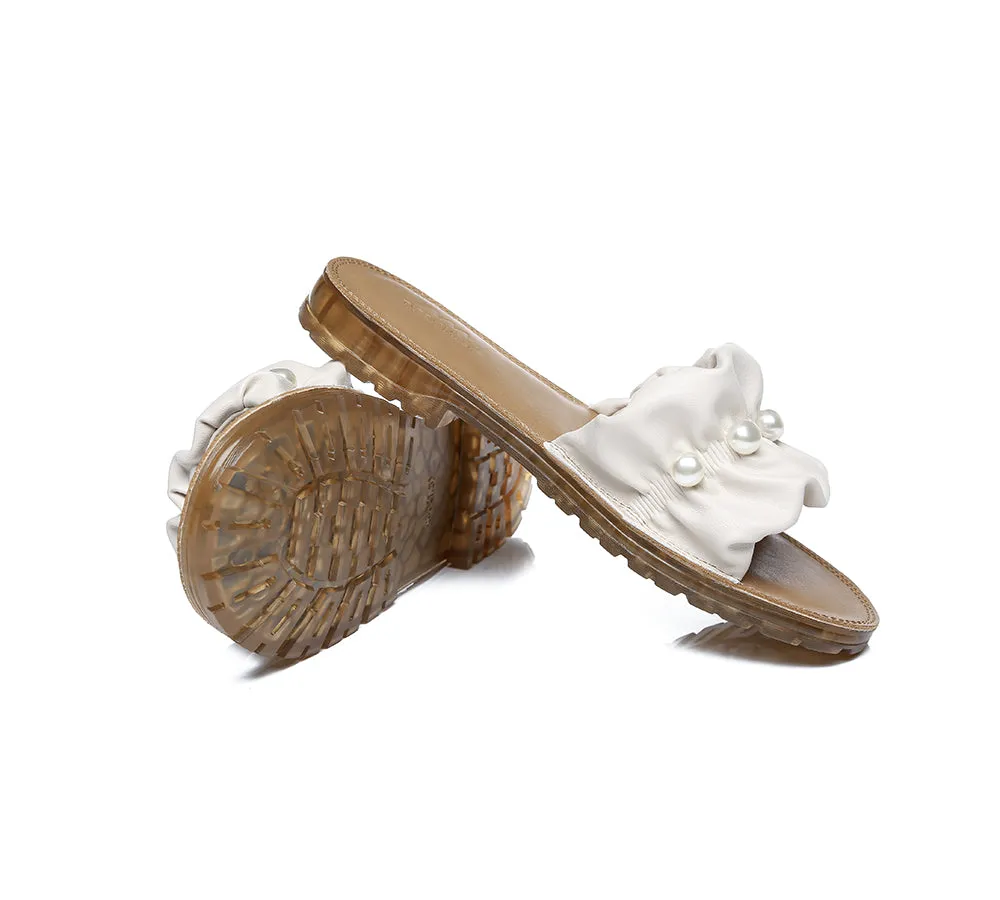 Leather Flat Slides With Pearls Women Linita