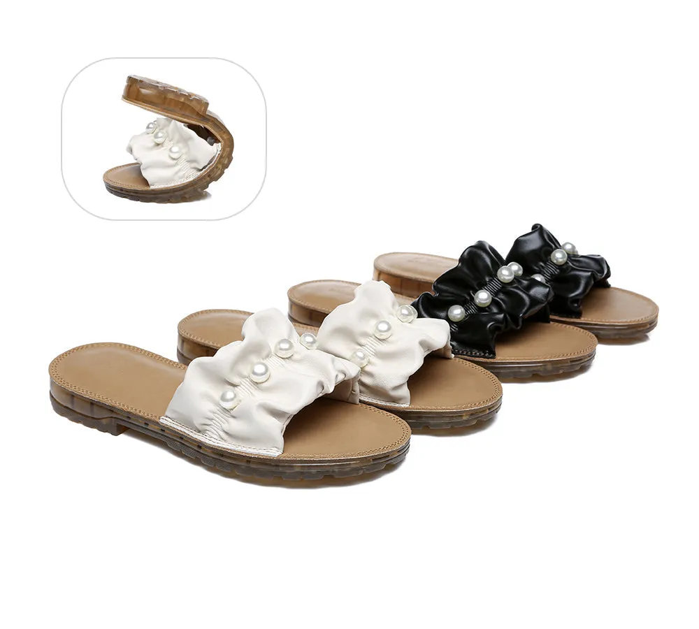 Leather Flat Slides With Pearls Women Linita