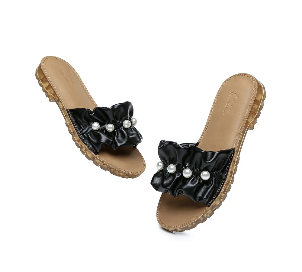 Leather Flat Slides With Pearls Women Linita